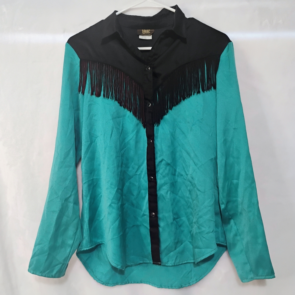Vtg H&E Outfit Teal Blue Western Shirt Womens 10 Black Snap Fringe USA READ O